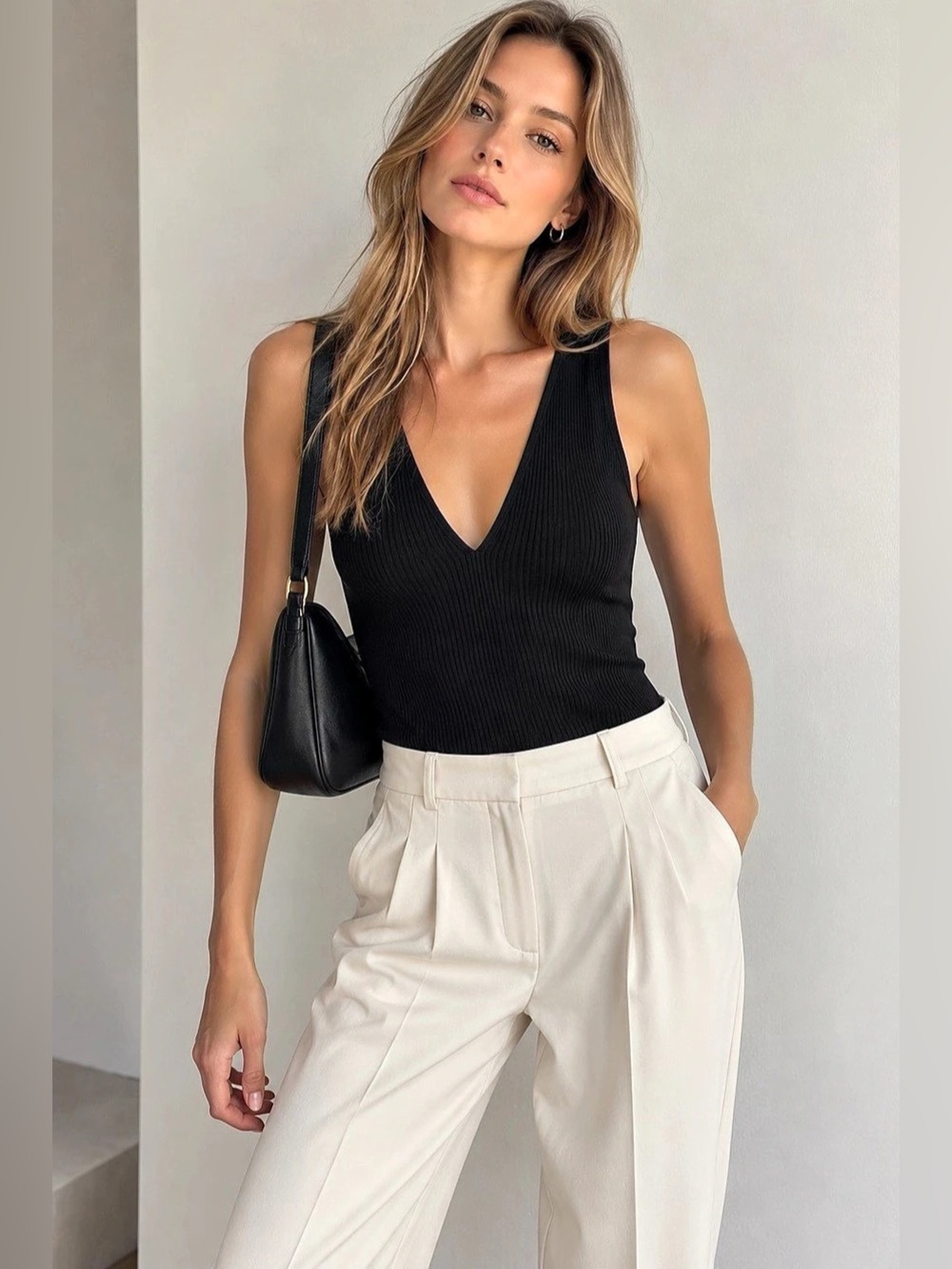 Massimo Dutti Black Ribbed Deep V-Neck Sleeveless Cotton Top – Size S